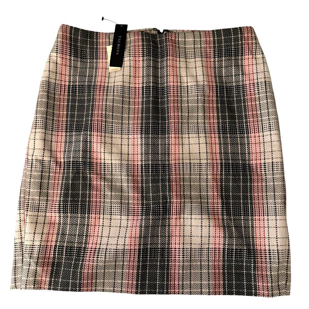 Talbots White/Gray/Red/Pink, Wool Plaid, Lined, Knee Length Pencil Skirt NWT- 14 - Picture 1 of 10